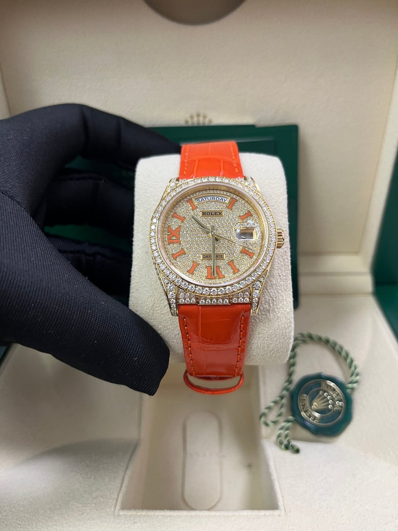 Rolex Day - Date 36 Orange Alligator Strap Pave Dial 128158rbr - WatchesOff5thWatch