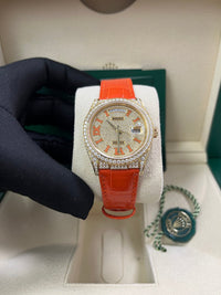 Thumbnail for Rolex Day - Date 36 Orange Alligator Strap Pave Dial 128158rbr - WatchesOff5thWatch