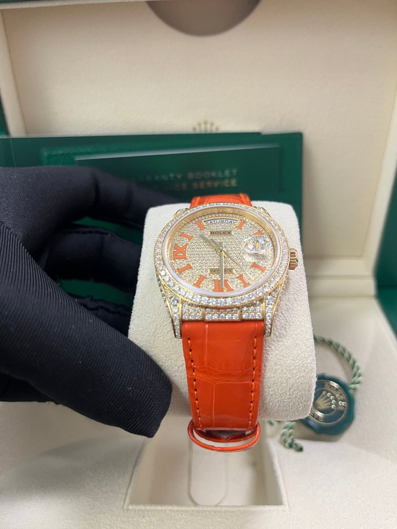 Rolex Day - Date 36 Orange Alligator Strap Pave Dial 128158rbr - WatchesOff5thWatch