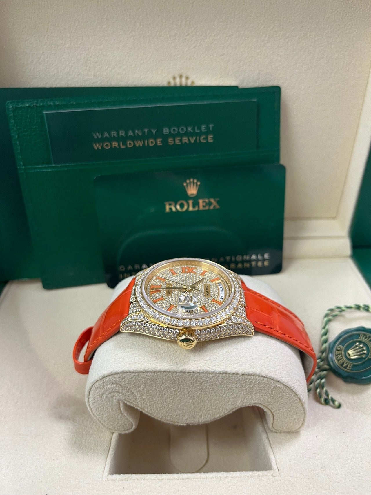 Rolex Day - Date 36 Orange Alligator Strap Pave Dial 128158rbr - WatchesOff5thWatch