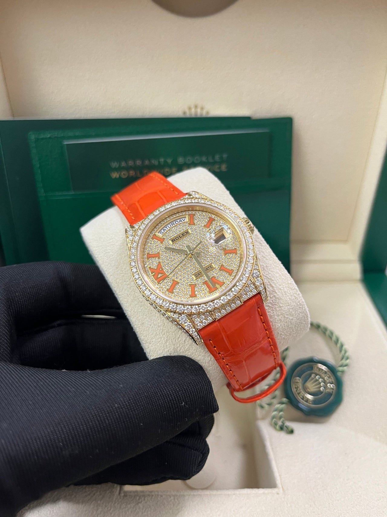 Rolex Day - Date 36 Orange Alligator Strap Pave Dial 128158rbr - WatchesOff5thWatch