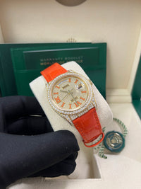 Thumbnail for Rolex Day - Date 36 Orange Alligator Strap Pave Dial 128158rbr - WatchesOff5thWatch