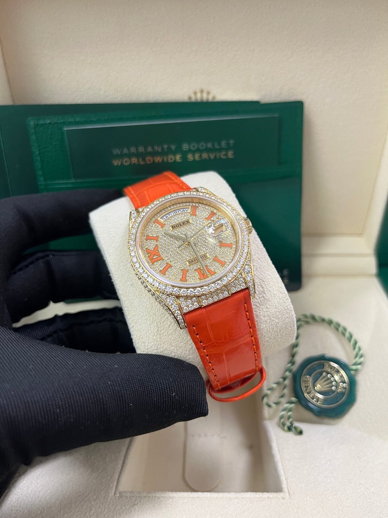 Rolex Day - Date 36 Orange Alligator Strap Pave Dial 128158rbr - WatchesOff5thWatch