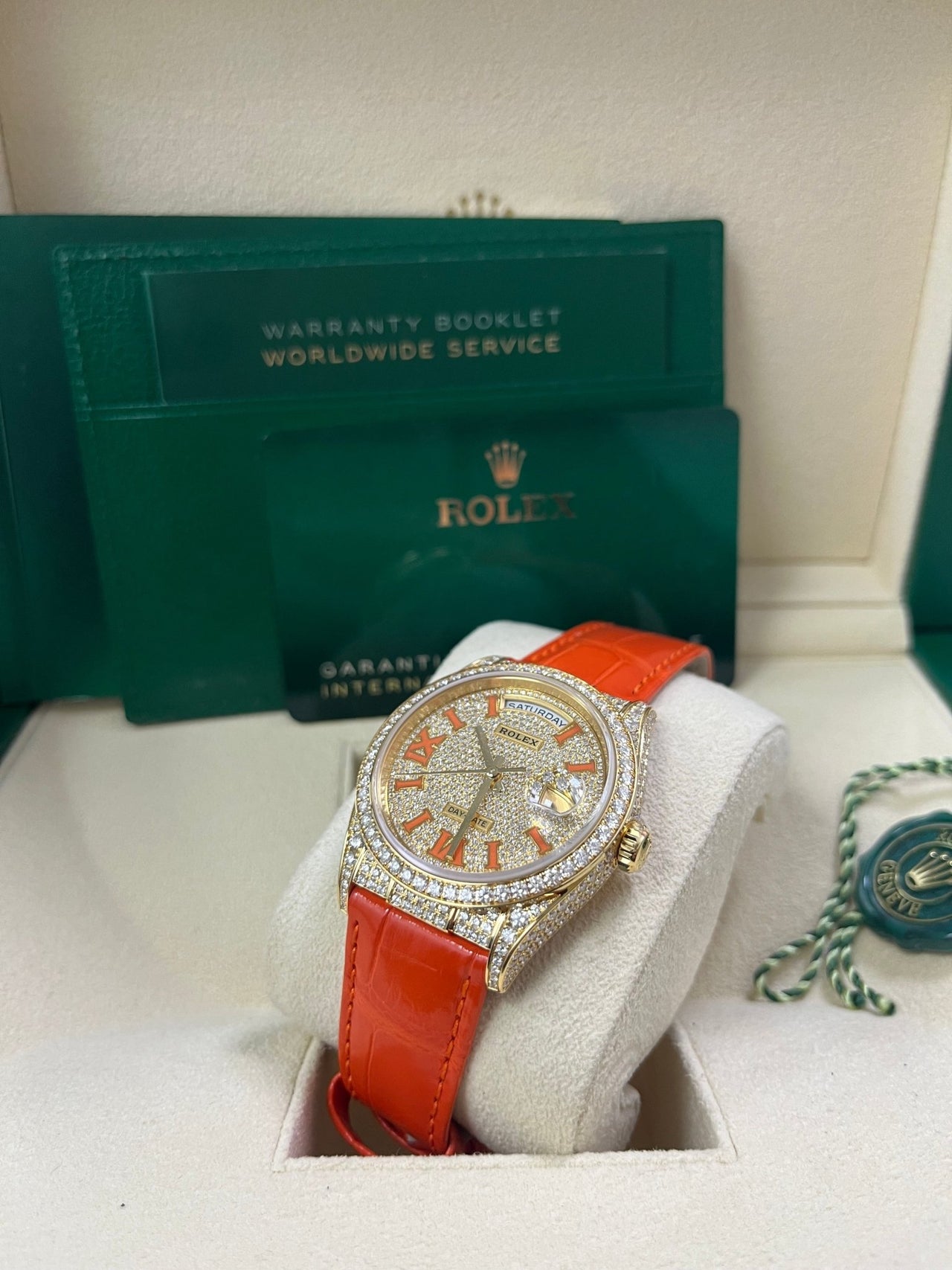 Rolex Day - Date 36 Orange Alligator Strap Pave Dial 128158rbr - WatchesOff5thWatch