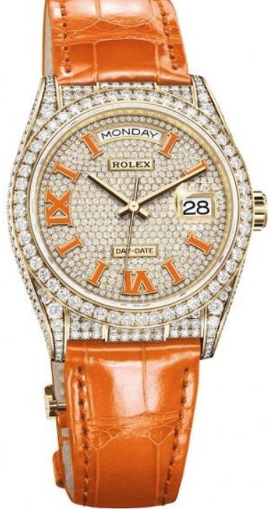 Rolex Day - Date 36 Orange Alligator Strap Pave Dial 128158rbr - WatchesOff5thWatch