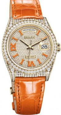 Thumbnail for Rolex Day - Date 36 Orange Alligator Strap Pave Dial 128158rbr - WatchesOff5thWatch