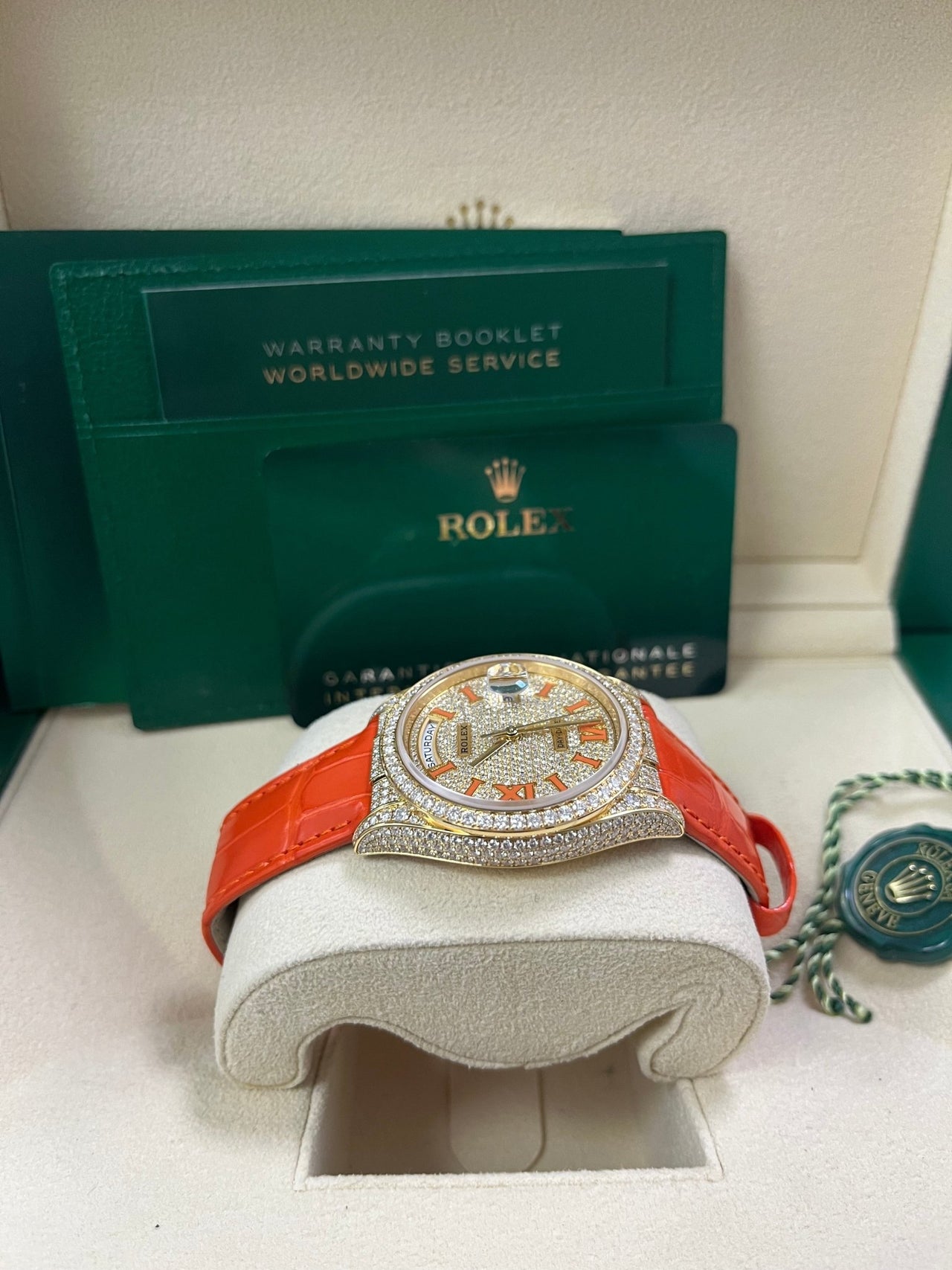 Rolex Day - Date 36 Orange Alligator Strap Pave Dial 128158rbr - WatchesOff5thWatch