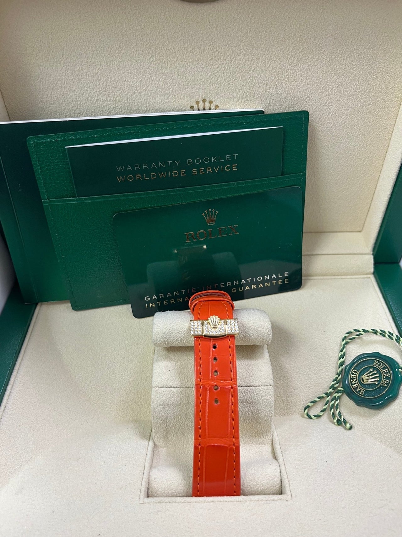 Rolex Day - Date 36 Orange Alligator Strap Pave Dial 128158rbr - WatchesOff5thWatch