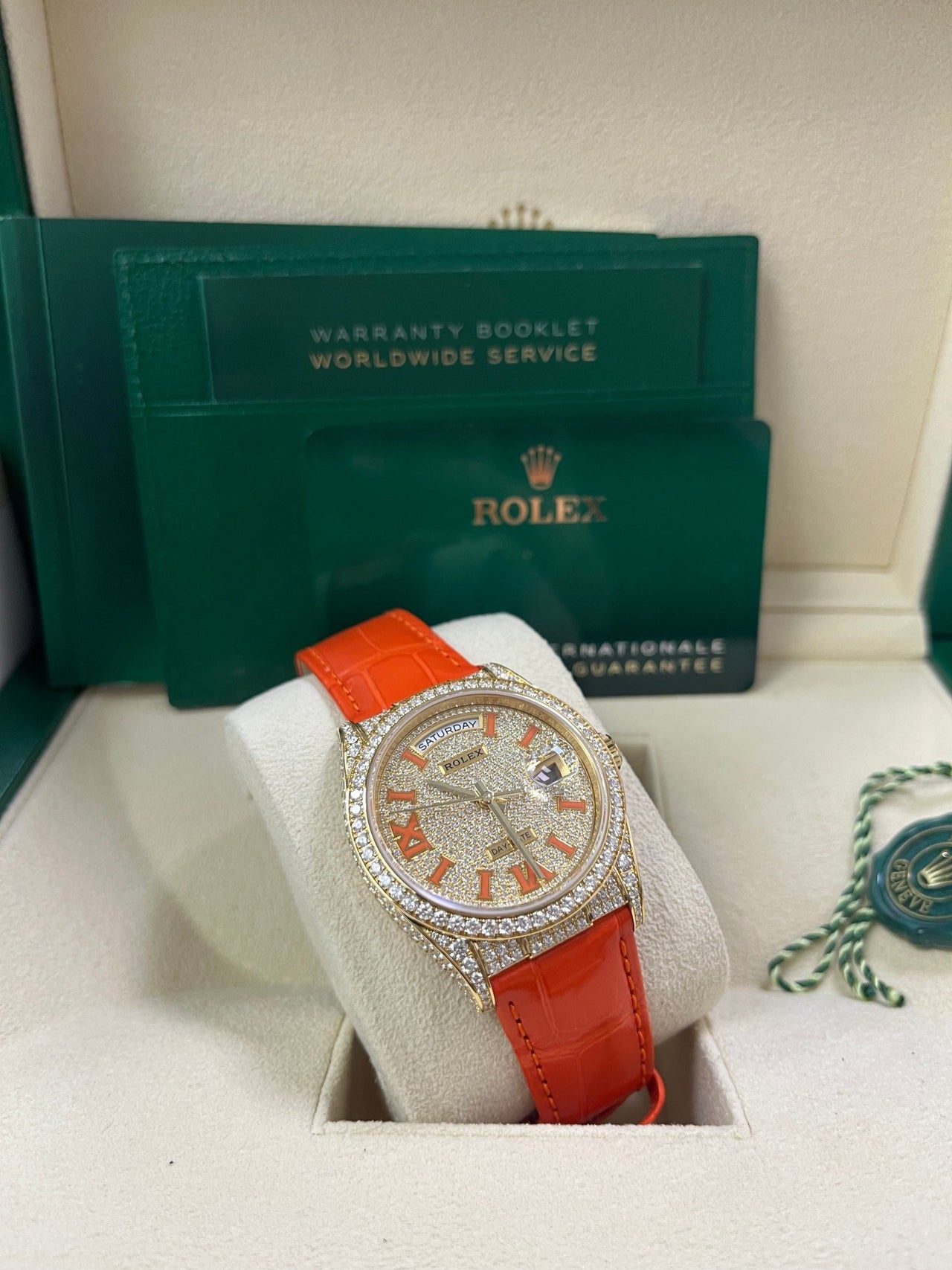 Rolex Day - Date 36 Orange Alligator Strap Pave Dial 128158rbr - WatchesOff5thWatch