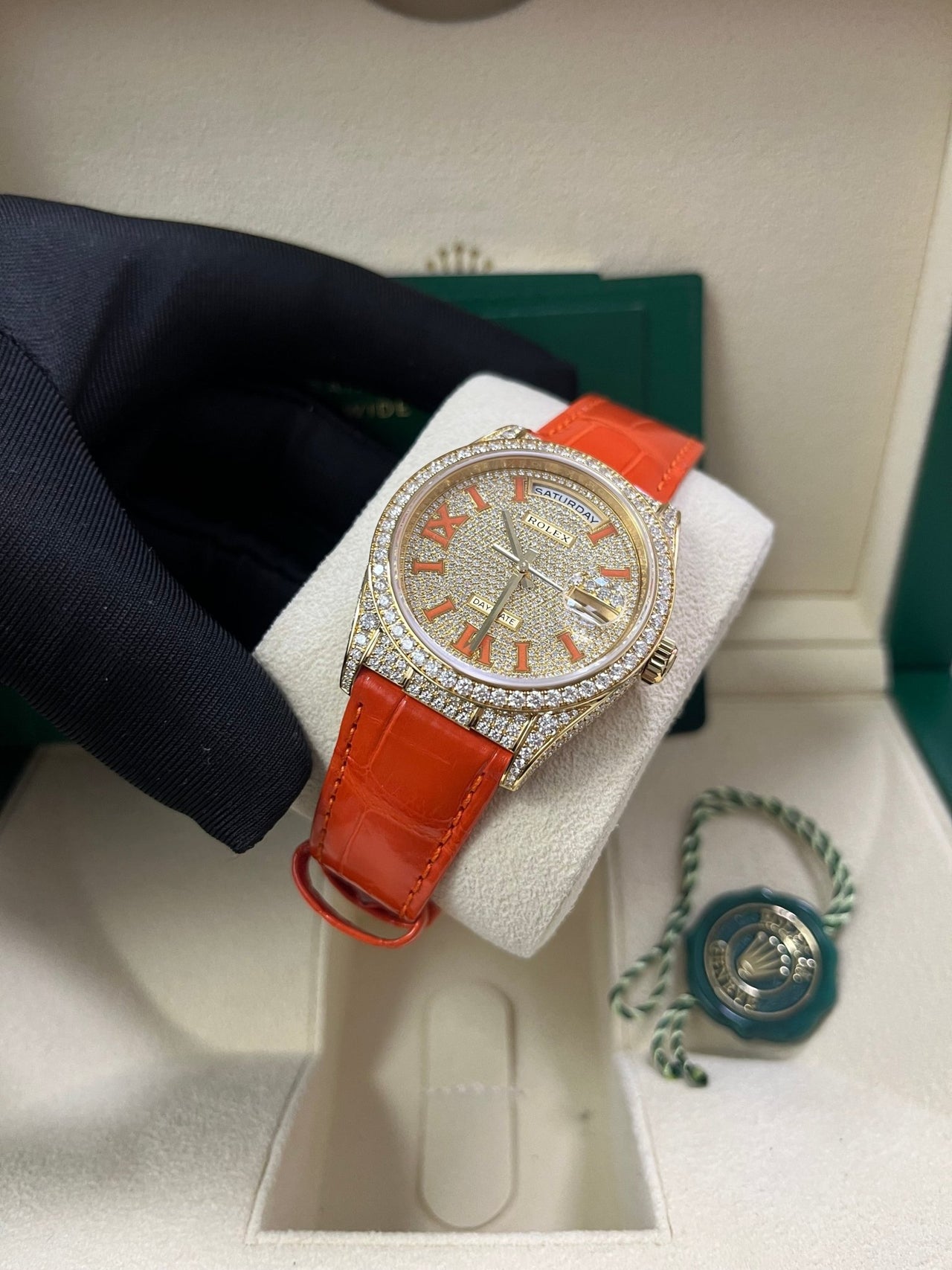 Rolex Day - Date 36 Orange Alligator Strap Pave Dial 128158rbr - WatchesOff5thWatch