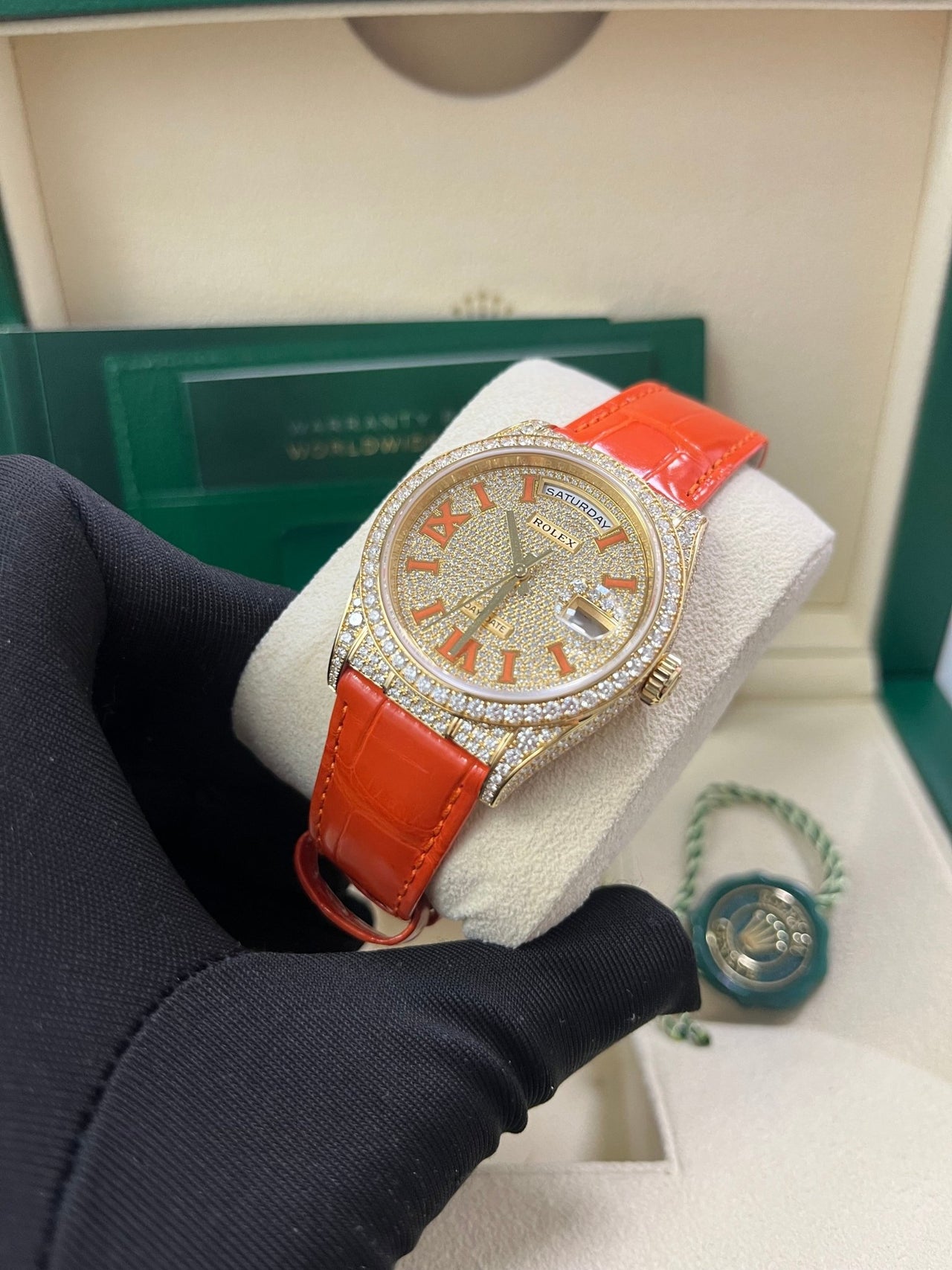 Rolex Day - Date 36 Orange Alligator Strap Pave Dial 128158rbr - WatchesOff5thWatch