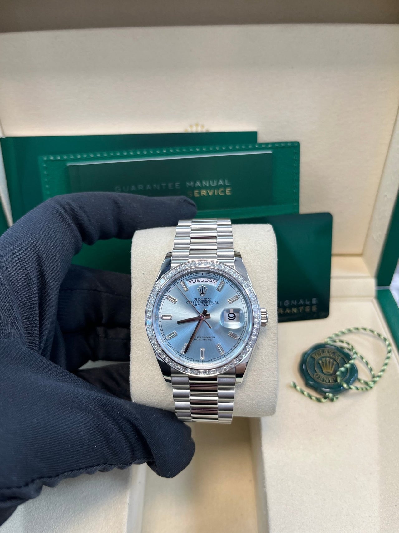 Rolex Day - Date 36 Platinum Baguette Bezel Ice Blue Dial Presidential Bracelet 128396TBR - WatchesOff5th