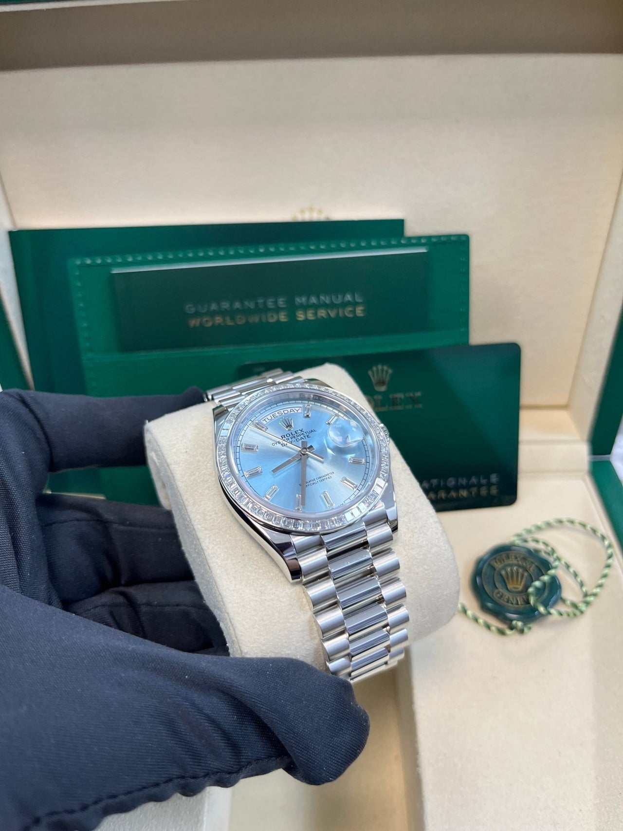 Rolex Day - Date 36 Platinum Baguette Bezel Ice Blue Dial Presidential Bracelet 128396TBR - WatchesOff5th