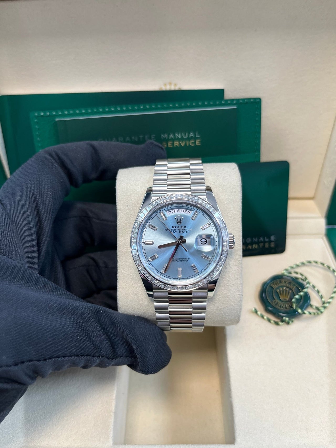 Rolex Day - Date 36 Platinum Baguette Bezel Ice Blue Dial Presidential Bracelet 128396TBR - WatchesOff5th