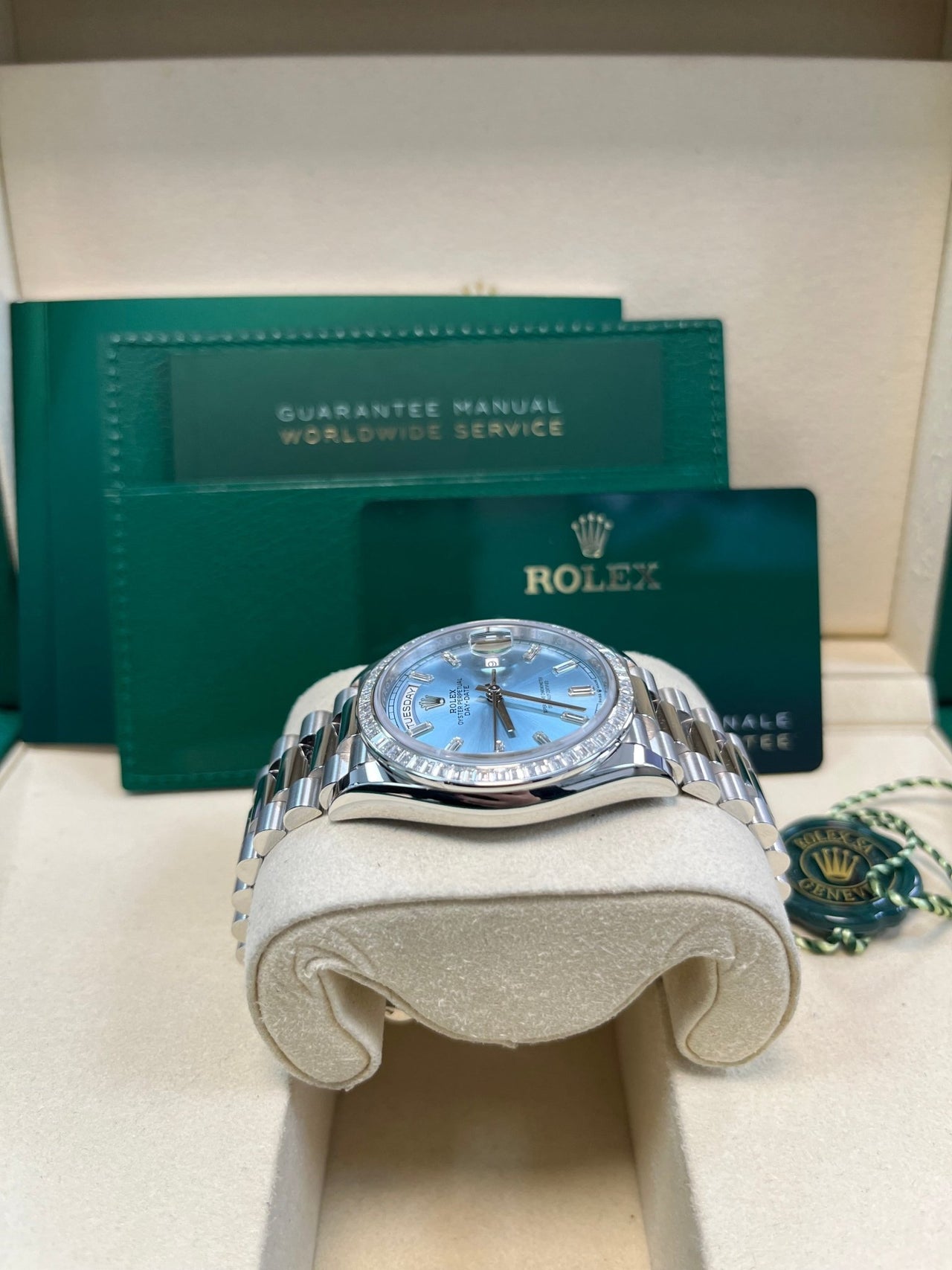Rolex Day - Date 36 Platinum Baguette Bezel Ice Blue Dial Presidential Bracelet 128396TBR - WatchesOff5th