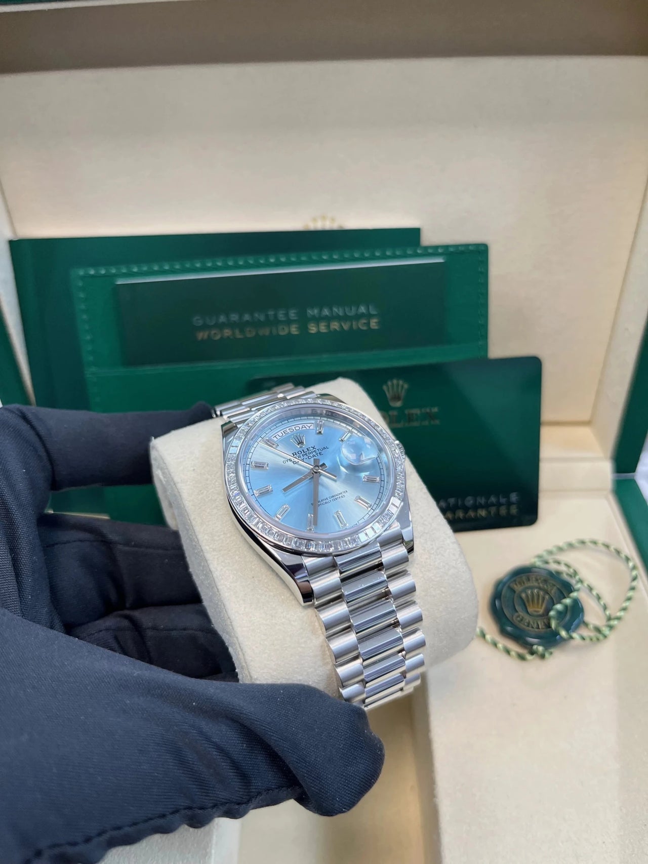 Rolex Day - Date 36 Platinum Diamond Bezel Ice Blue Baguette Index Dial Presidential Bracelet 128396TBR - WatchesOff5thWatch