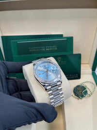 Thumbnail for Rolex Day - Date 36 Platinum Diamond Bezel Ice Blue Baguette Index Dial Presidential Bracelet 128396TBR - WatchesOff5thWatch