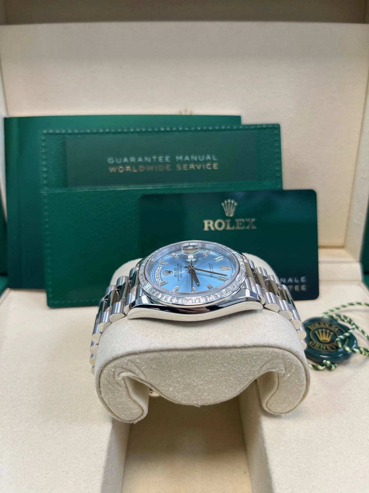 Rolex Day - Date 36 Platinum Diamond Bezel Ice Blue Baguette Index Dial Presidential Bracelet 128396TBR - WatchesOff5thWatch