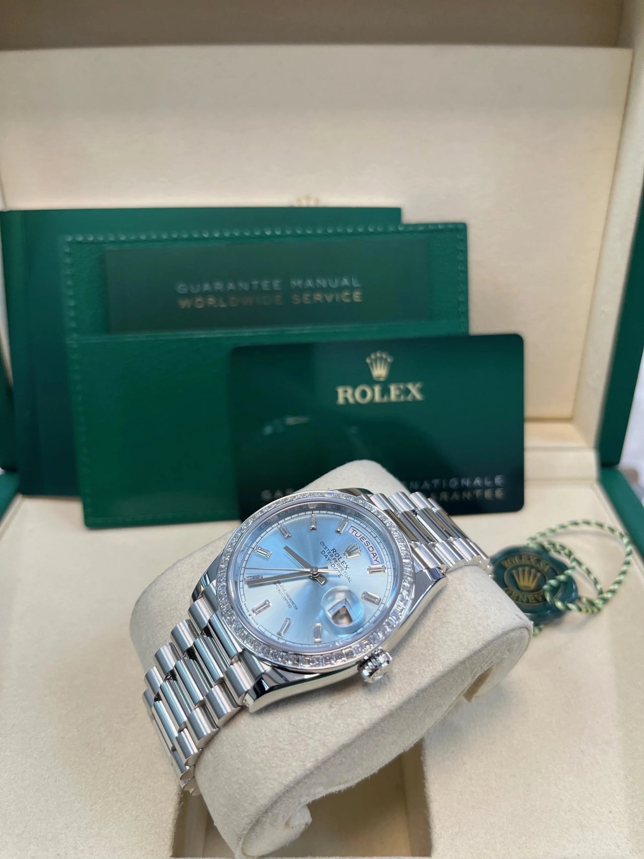 Rolex Day - Date 36 Platinum Diamond Bezel Ice Blue Baguette Index Dial Presidential Bracelet 128396TBR - WatchesOff5thWatch