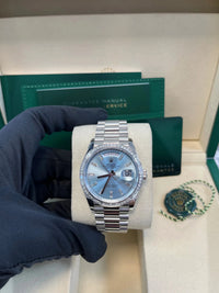 Thumbnail for Rolex Day - Date 36 Platinum Diamond Bezel Ice Blue Baguette Index Dial Presidential Bracelet 128396TBR - WatchesOff5thWatch