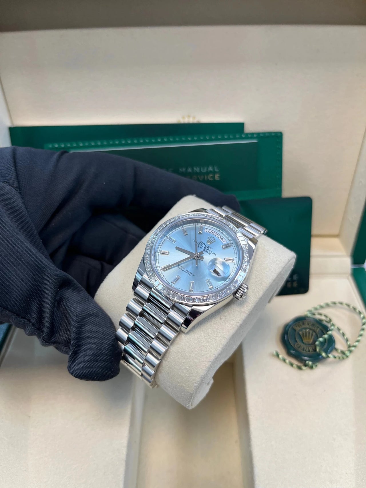Rolex Day - Date 36 Platinum Diamond Bezel Ice Blue Baguette Index Dial Presidential Bracelet 128396TBR - WatchesOff5thWatch