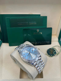 Thumbnail for Rolex Day - Date 36 Platinum Diamond Bezel Ice Blue Baguette Index Dial Presidential Bracelet 128396TBR - WatchesOff5thWatch