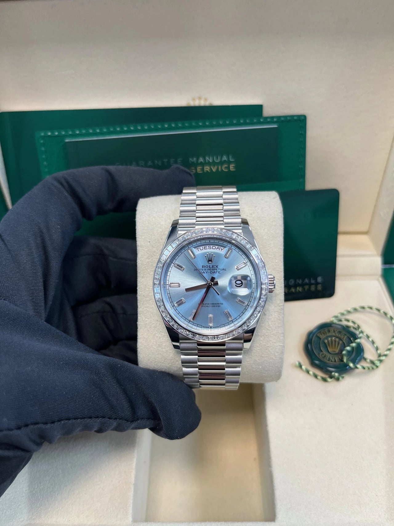 Rolex Day - Date 36 Platinum Diamond Bezel Ice Blue Baguette Index Dial Presidential Bracelet 128396TBR - WatchesOff5thWatch