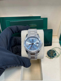 Thumbnail for Rolex Day - Date 36 Platinum Diamond Bezel Ice Blue Baguette Index Dial Presidential Bracelet 128396TBR - WatchesOff5thWatch