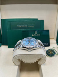 Thumbnail for Rolex Day - Date 36 Platinum Diamond Bezel Ice Blue Baguette Index Dial Presidential Bracelet 128396TBR - WatchesOff5thWatch