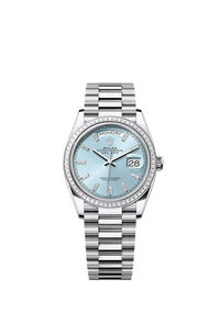 Thumbnail for Rolex Day - Date 36 Platinum Diamond Bezel Ice Blue Baguette Index Dial Presidential Bracelet 128396TBR - WatchesOff5thWatch