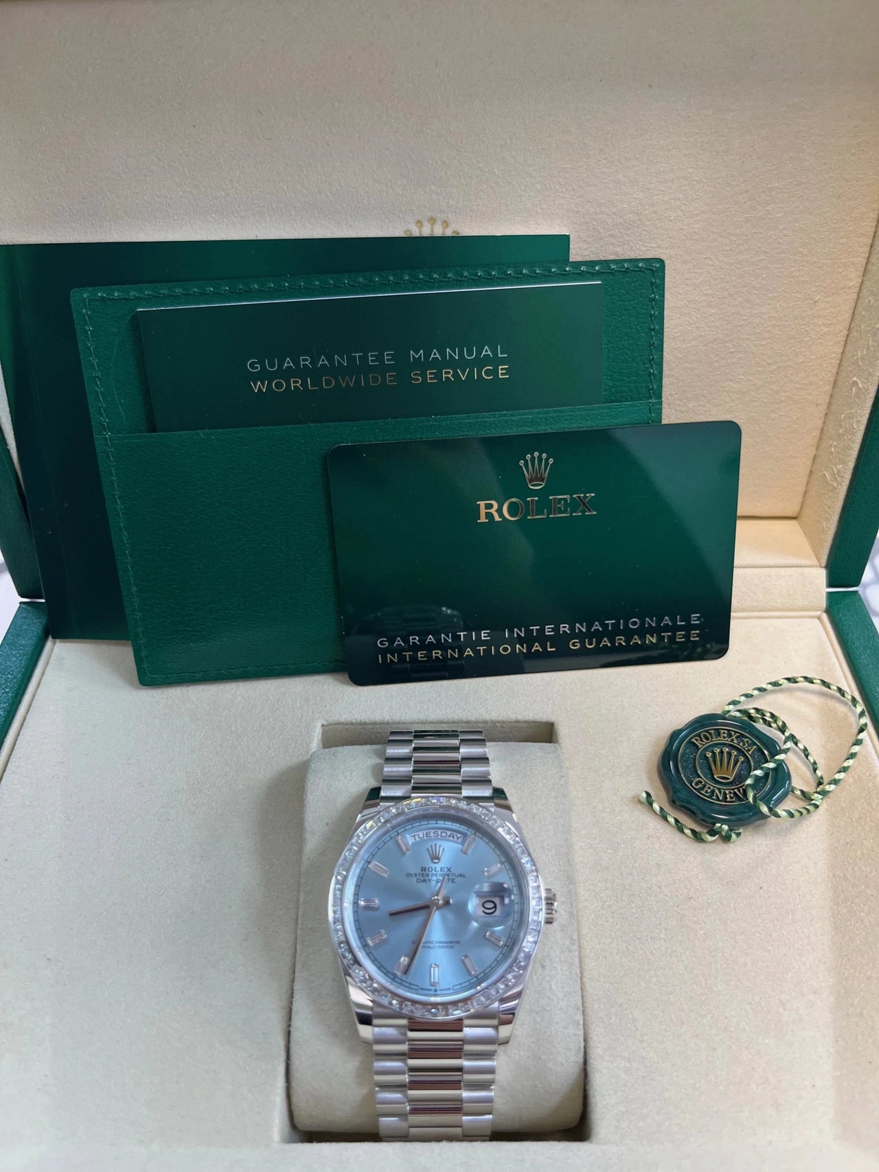 Rolex Day - Date 36 Platinum Diamond Bezel Ice Blue Baguette Index Dial Presidential Bracelet 128396TBR - WatchesOff5thWatch