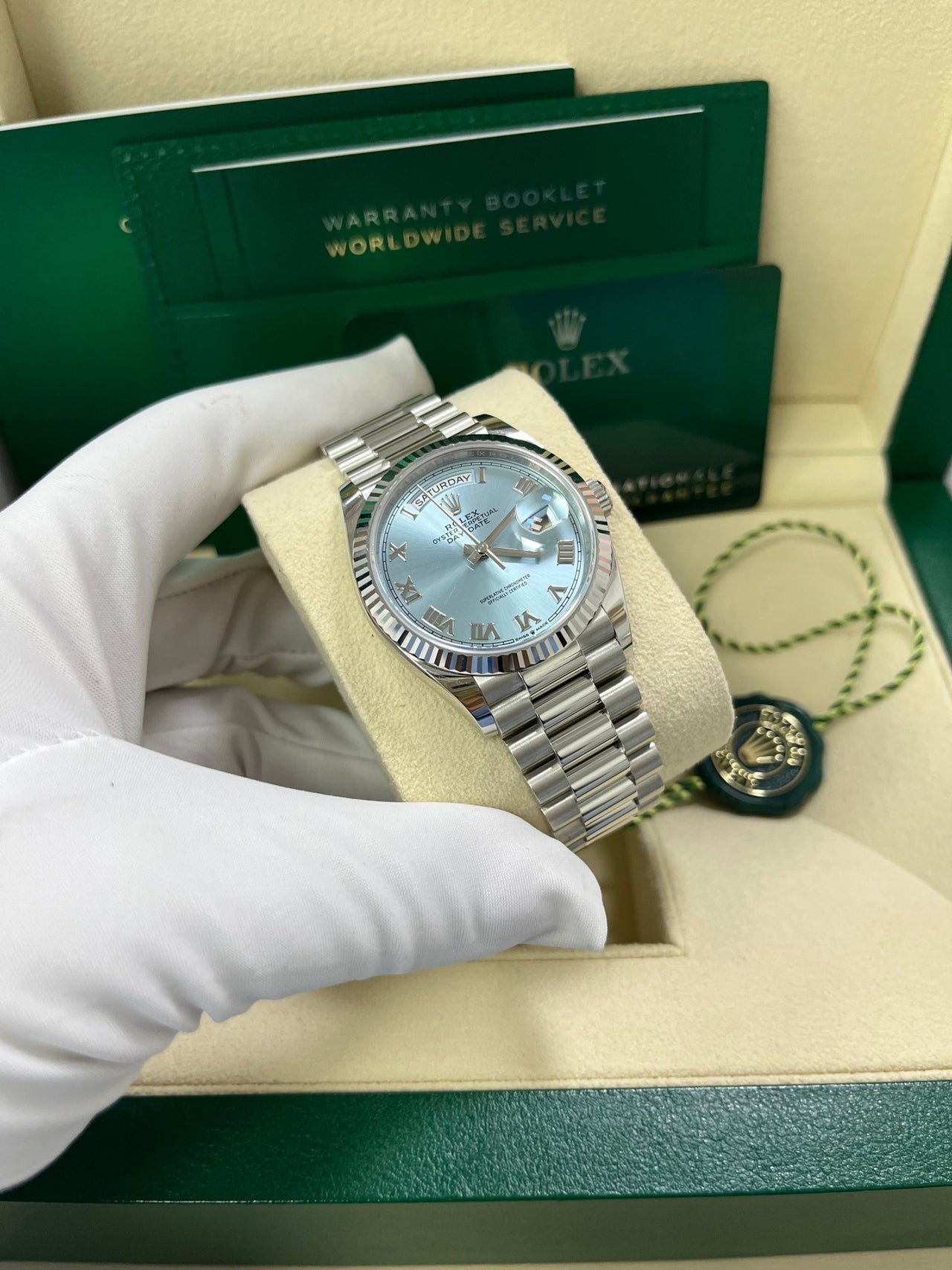 Rolex Day - Date 36 Platinum Ice Blue Roman Dial President Bracelet 128236 - WatchesOff5thWatch