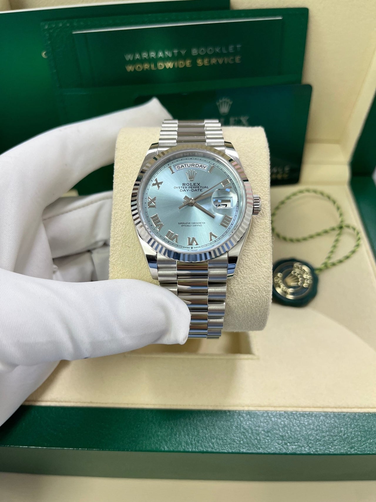 Rolex Day - Date 36 Platinum Ice Blue Roman Dial President Bracelet 128236 - WatchesOff5thWatch