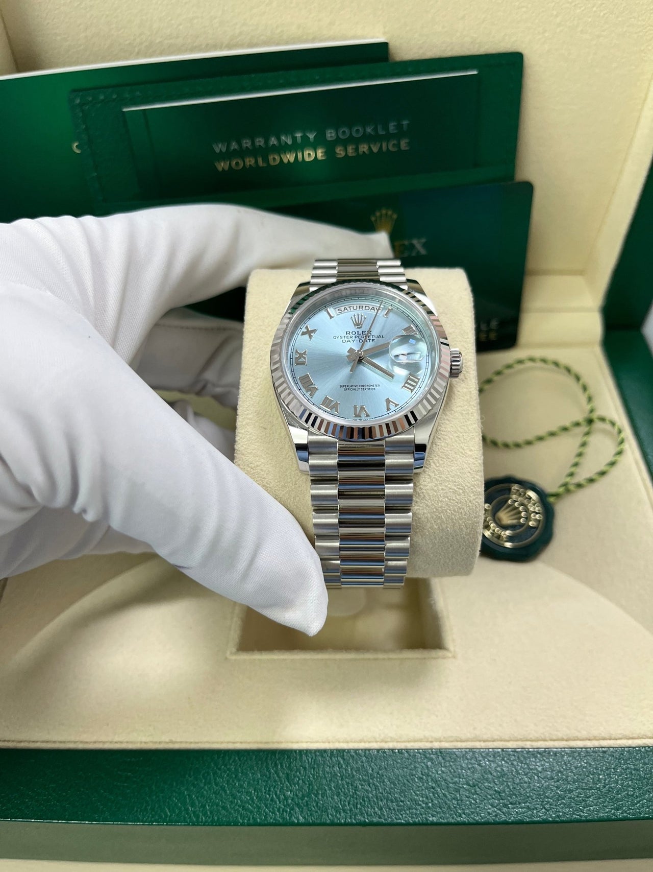 Rolex Day - Date 36 Platinum Ice Blue Roman Dial President Bracelet 128236 - WatchesOff5thWatch