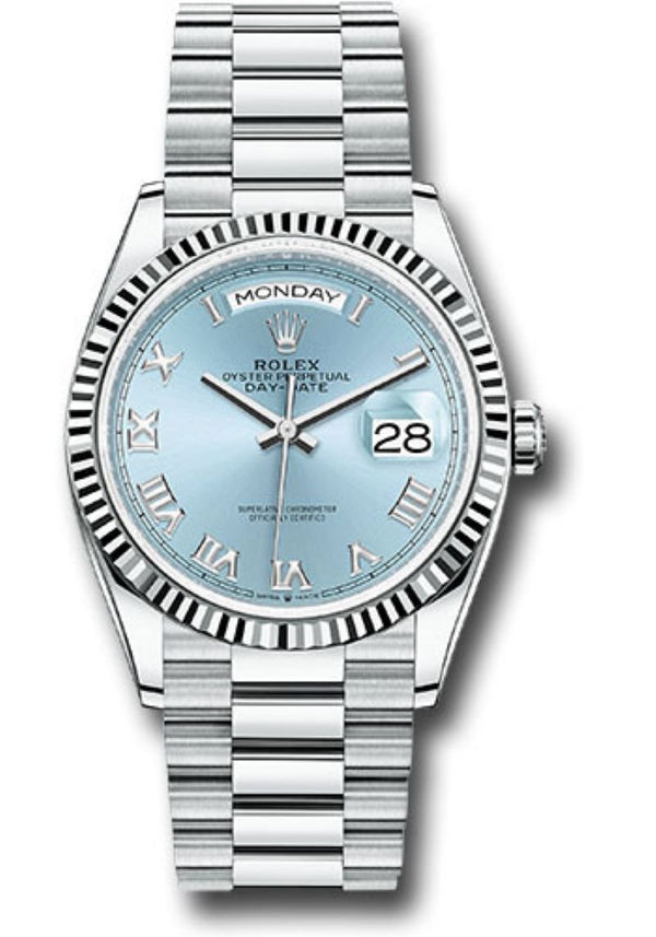 Rolex Day - Date 36 Platinum Ice Blue Roman Dial President Bracelet 128236 - WatchesOff5thWatch