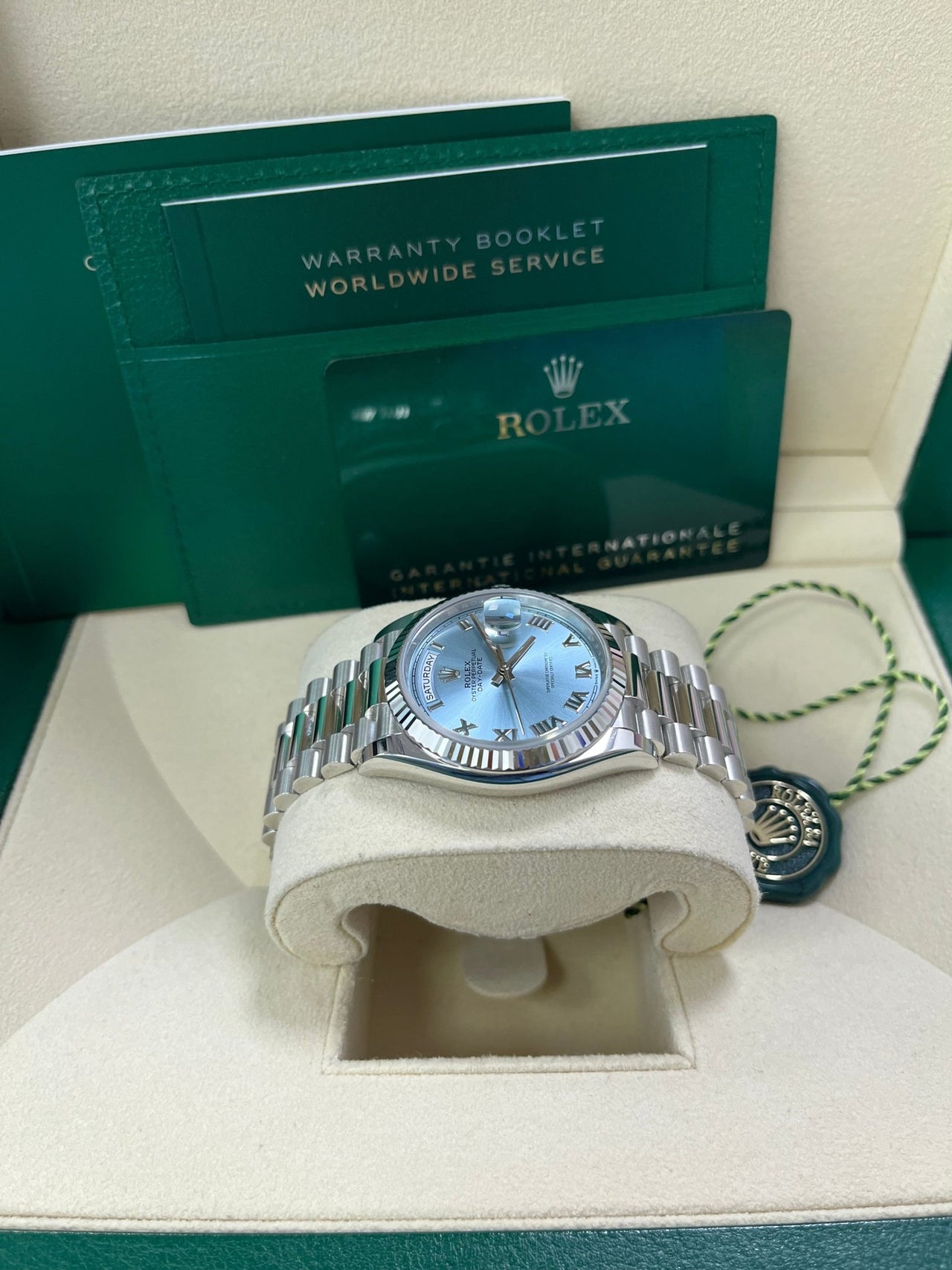 Rolex Day - Date 36 Platinum Ice Blue Roman Dial President Bracelet 128236 - WatchesOff5thWatch