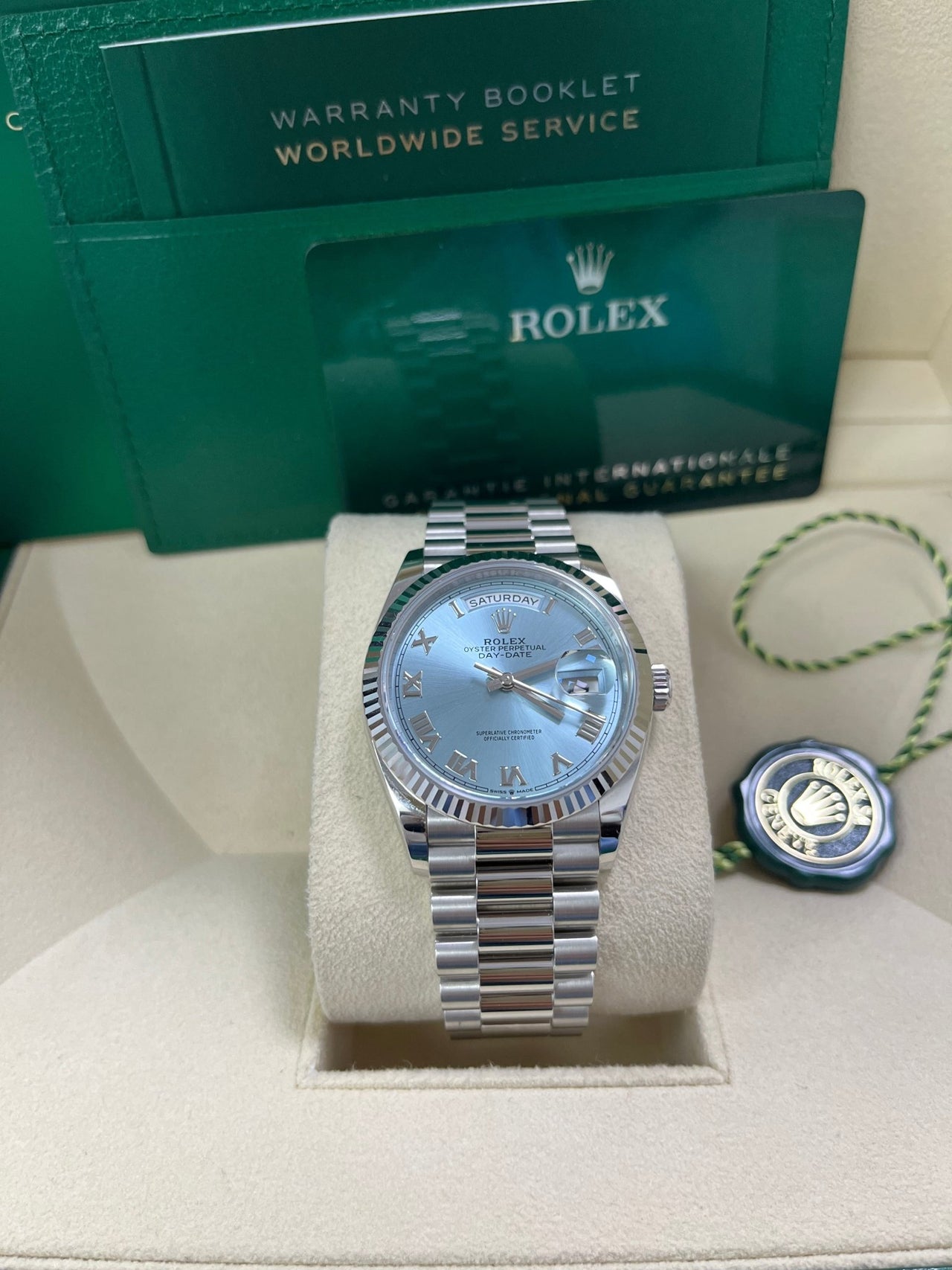 Rolex Day - Date 36 Platinum Ice Blue Roman Dial President Bracelet 128236 - WatchesOff5thWatch