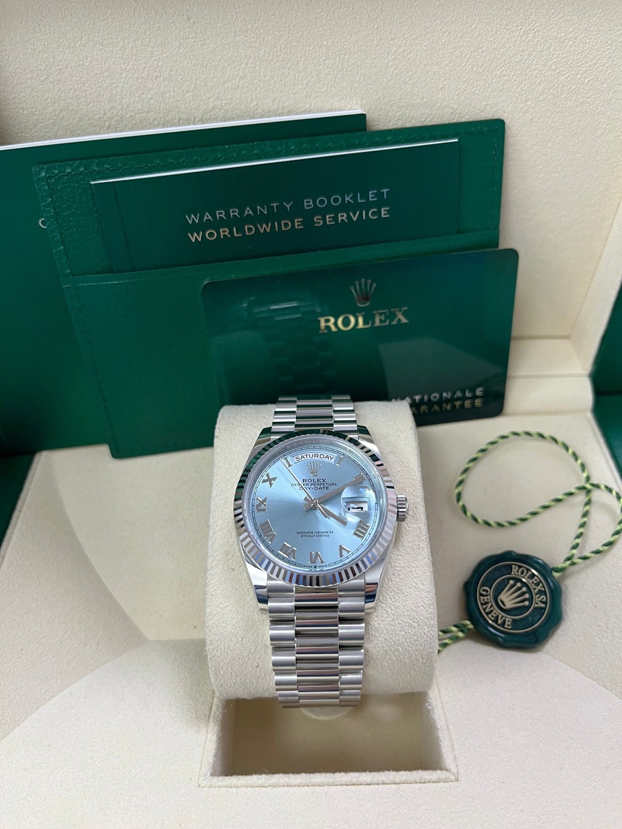 Rolex Day - Date 36 Platinum Ice Blue Roman Dial President Bracelet 128236 - WatchesOff5thWatch