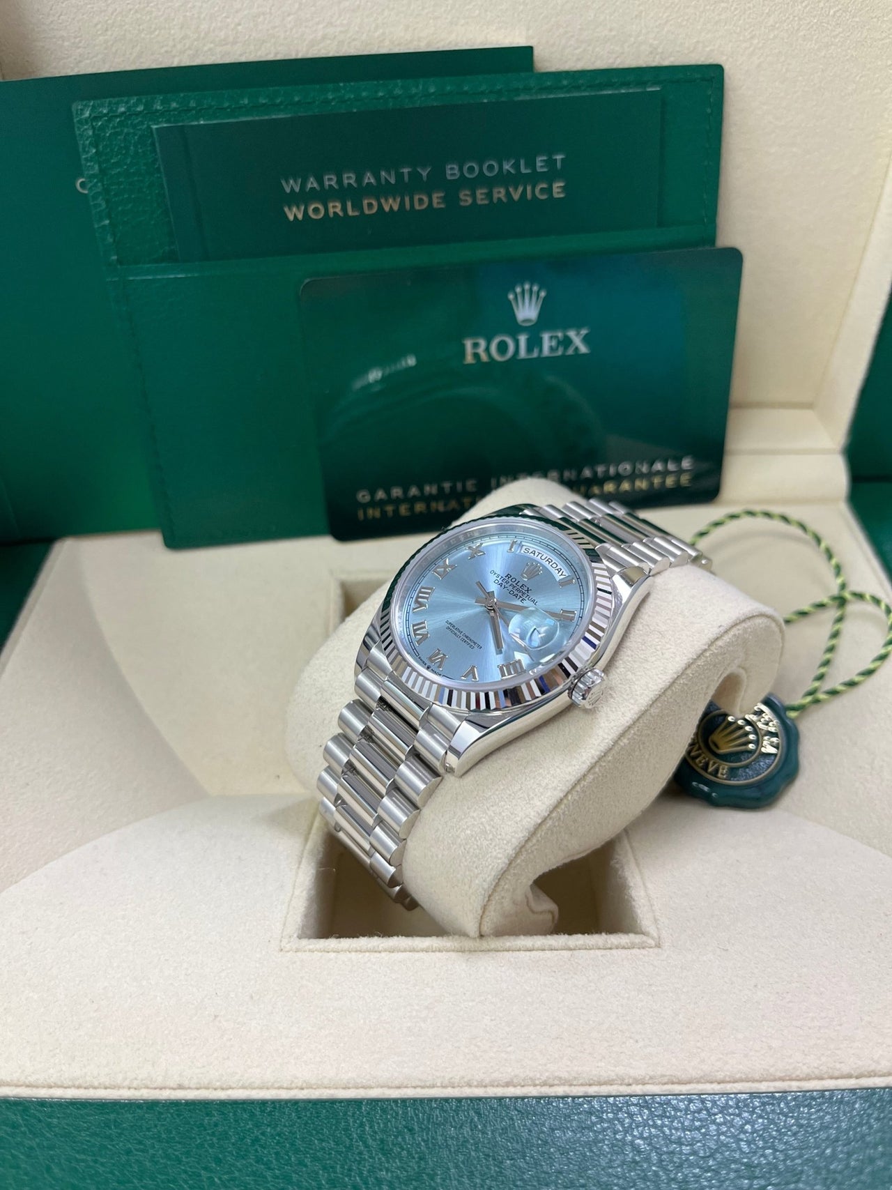 Rolex Day - Date 36 Platinum Ice Blue Roman Dial President Bracelet 128236 - WatchesOff5thWatch