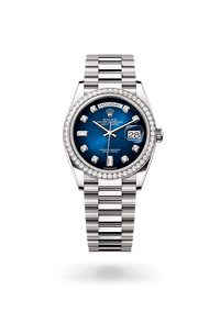 Thumbnail for Rolex Day - Date 36mm White Gold Blue Ombré Diamond Dial Diamond Bezel President Bracelet 2026 New Release (Ref 128349RBR - 0082) - WatchesOff5thWatch