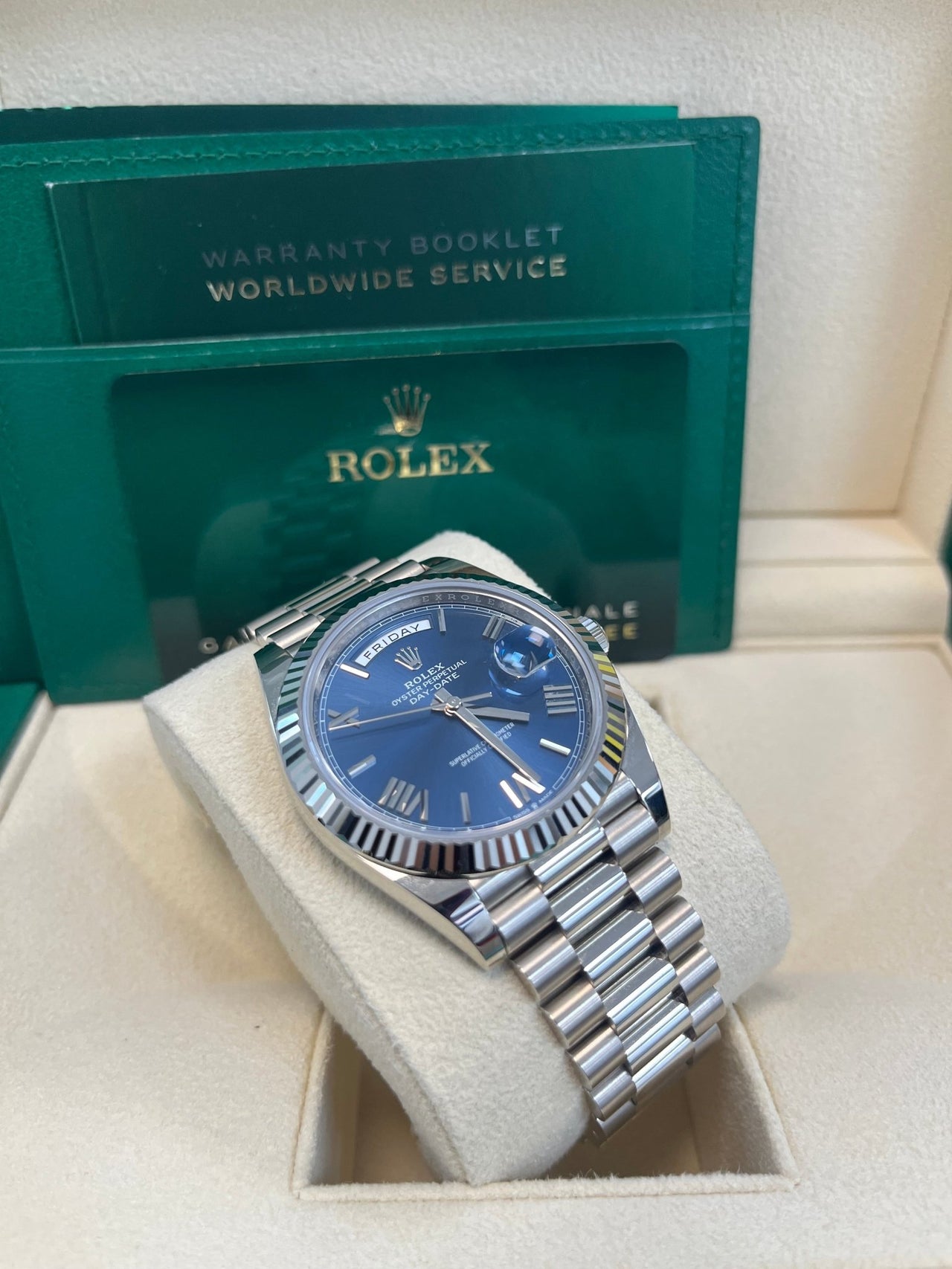 Rolex Day - Date 40 - Fluted Bezel - Blue Bevelled Roman Dial - 228239 - WatchesOff5thWatch