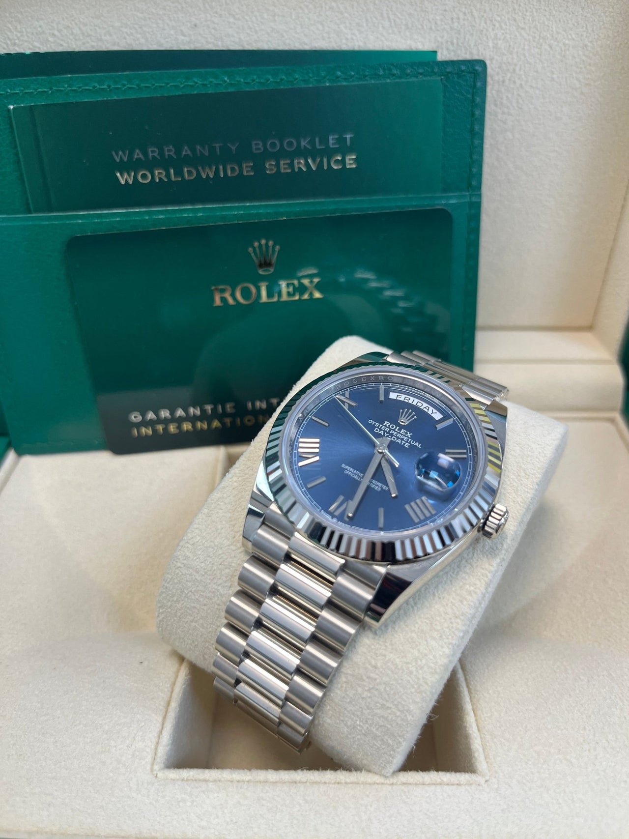 Rolex Day - Date 40 - Fluted Bezel - Blue Bevelled Roman Dial - 228239 - WatchesOff5thWatch