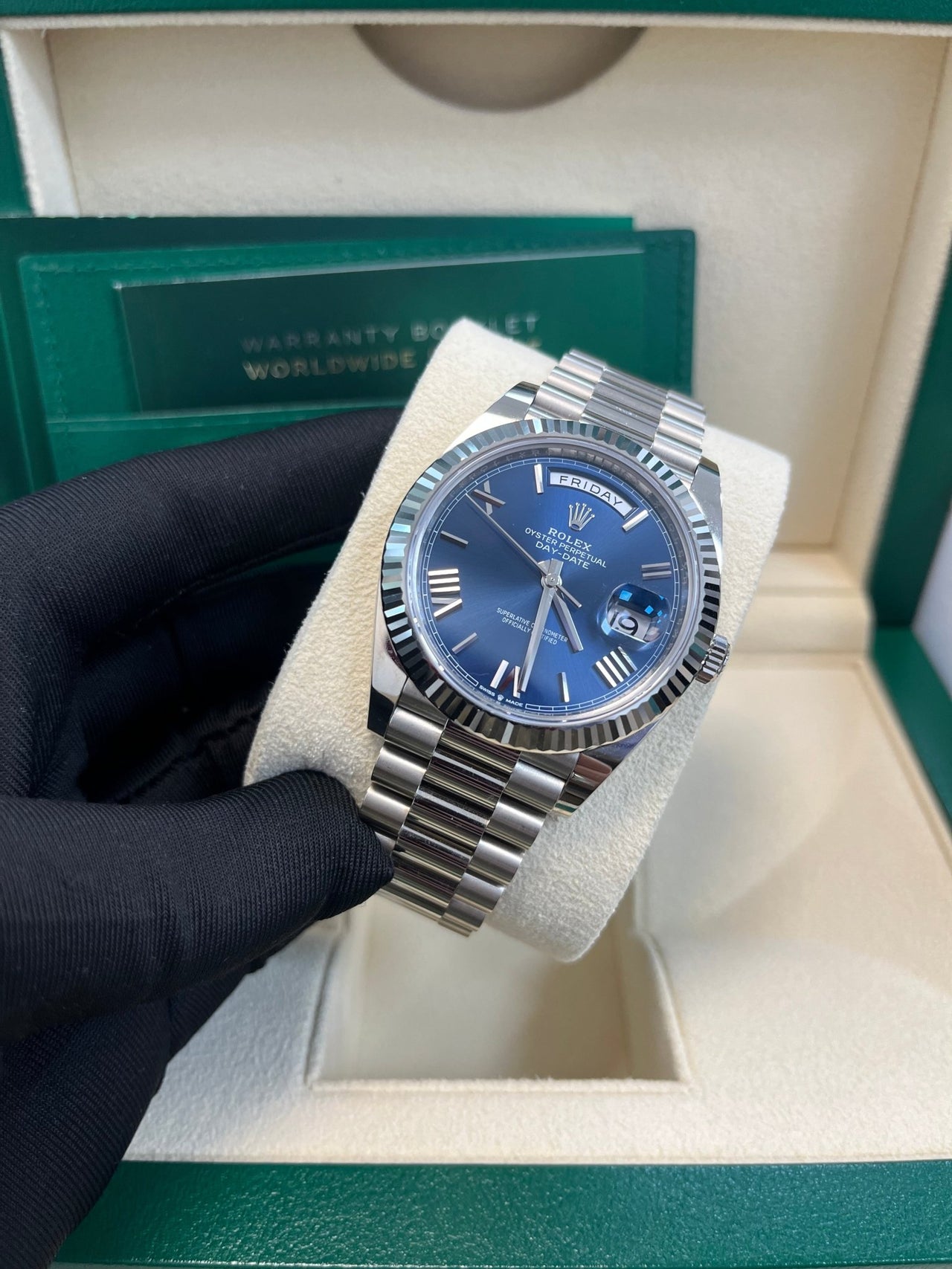 Rolex Day - Date 40 - Fluted Bezel - Blue Bevelled Roman Dial - 228239 - WatchesOff5thWatch