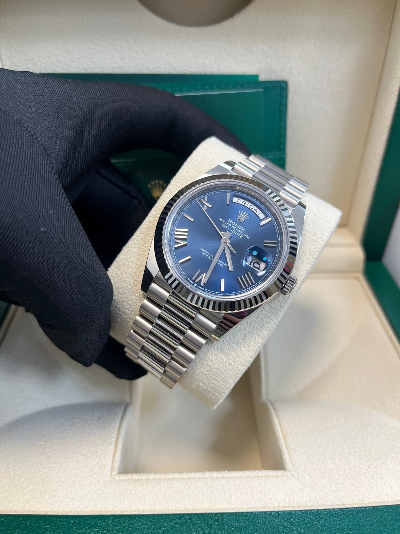 Rolex Day - Date 40 - Fluted Bezel - Blue Bevelled Roman Dial - 228239 - WatchesOff5thWatch