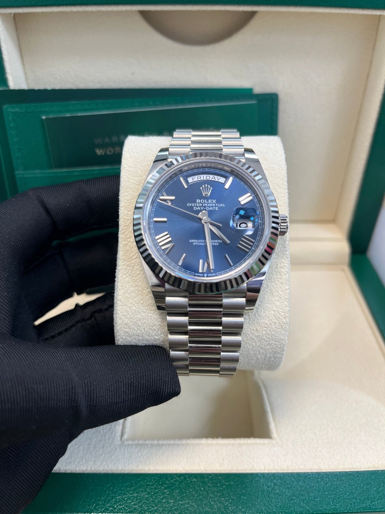 Rolex Day - Date 40 - Fluted Bezel - Blue Bevelled Roman Dial - 228239 - WatchesOff5thWatch