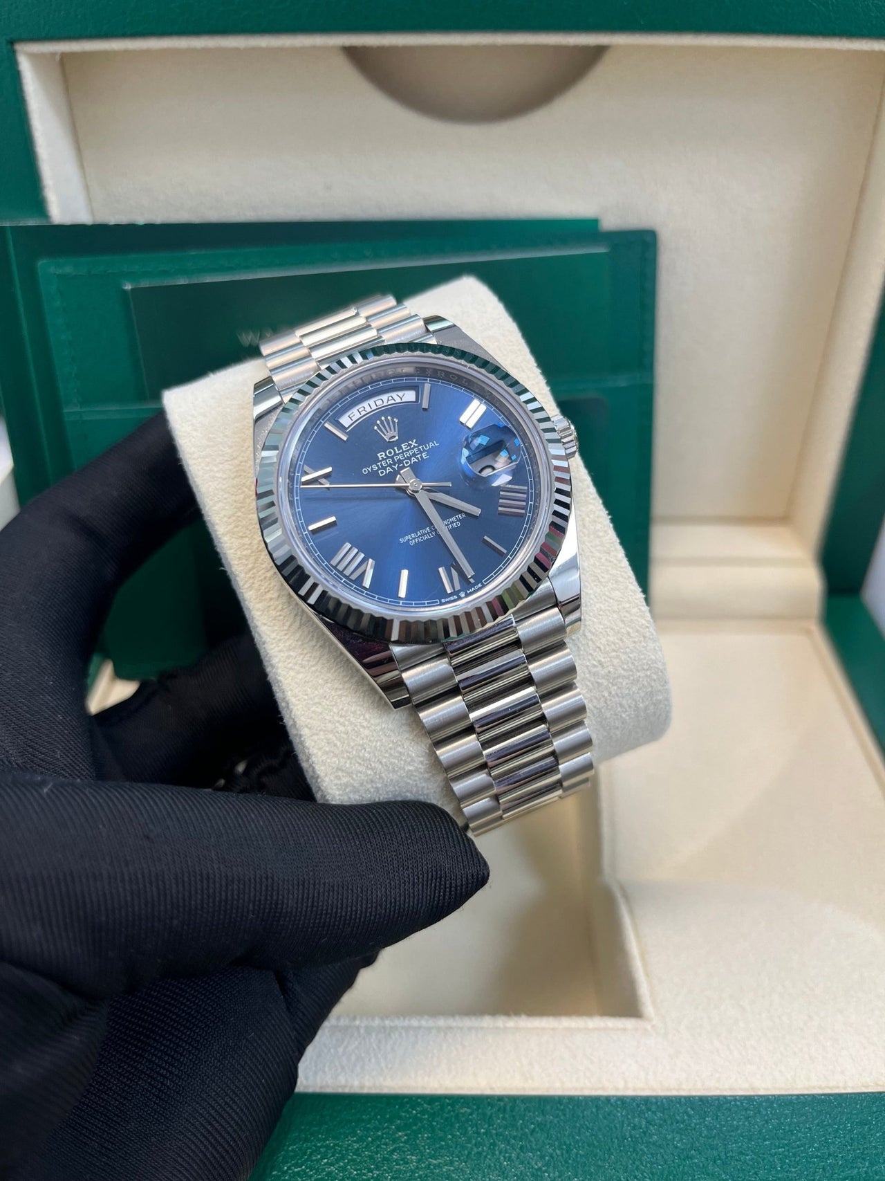 Rolex Day - Date 40 - Fluted Bezel - Blue Bevelled Roman Dial - 228239 - WatchesOff5thWatch