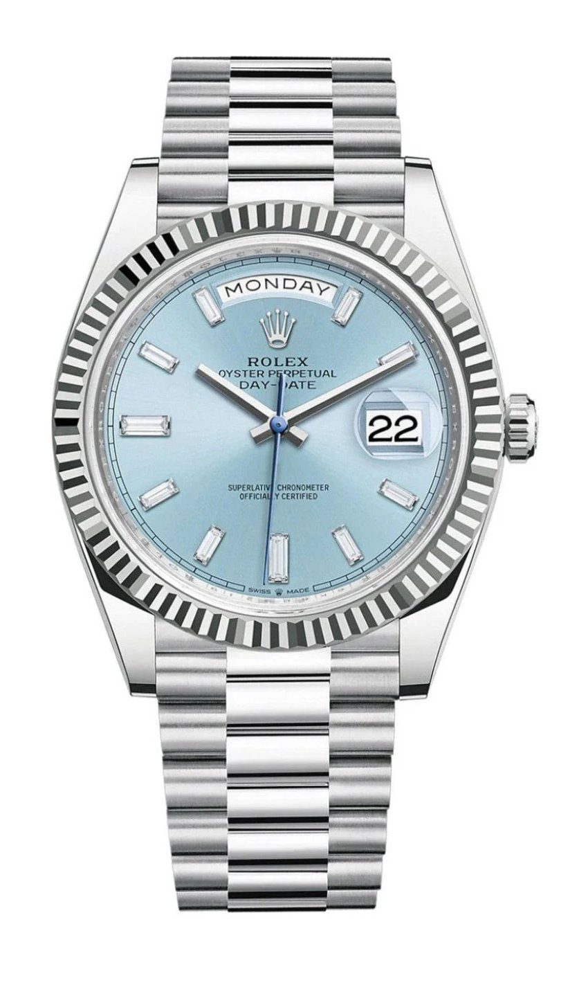 Rolex Day - Date 40 Platinum Day - Date 40 Watch - Fluted Bezel - Ice Blue Baguette Dial 228236 - WatchesOff5thWatch