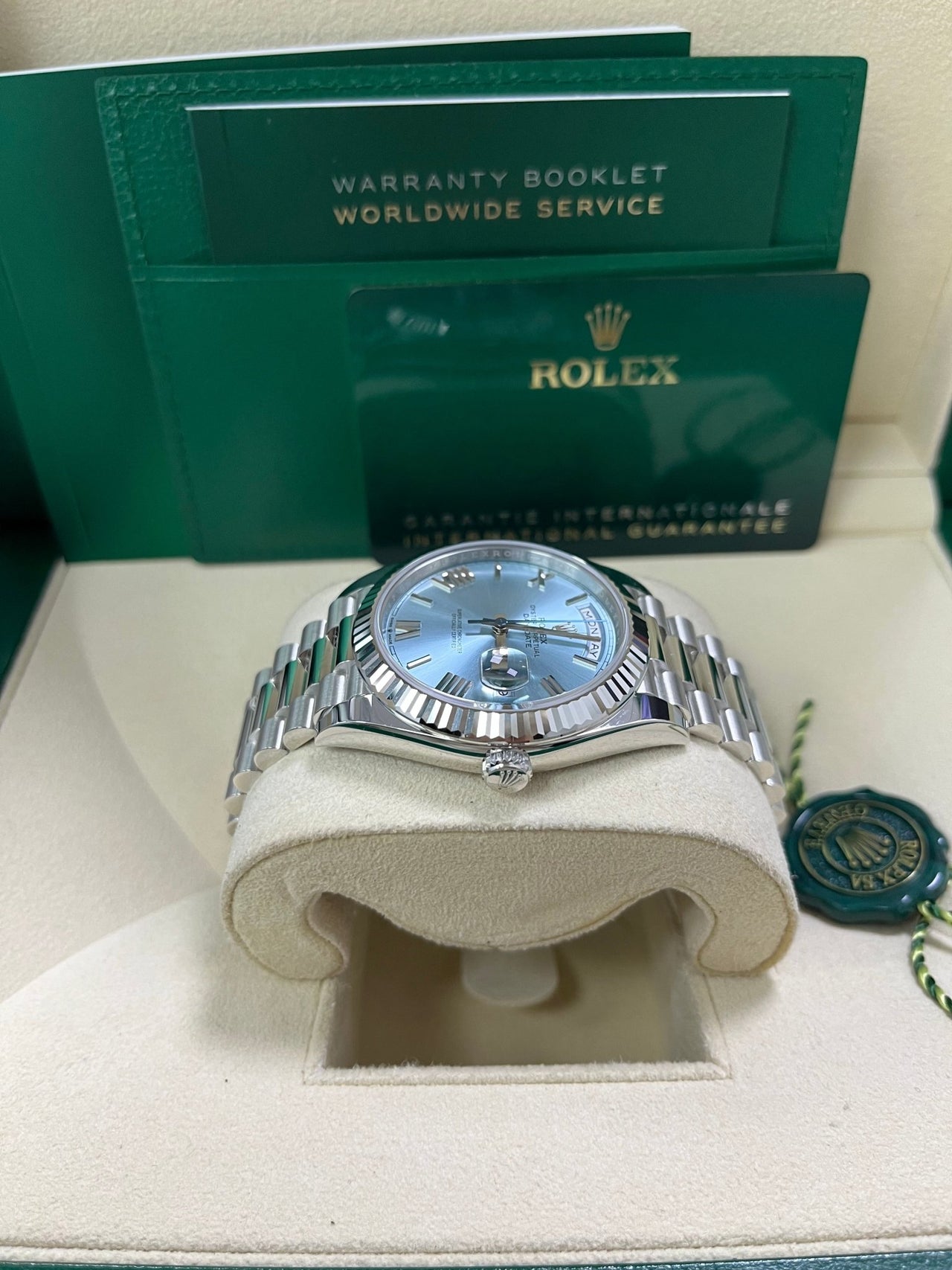 Rolex Day - Date 40 Platinum Day - Date 40 Watch - Fluted Bezel - Ice Blue Roman Dial President Bracelet 228236 - WatchesOff5thWatch