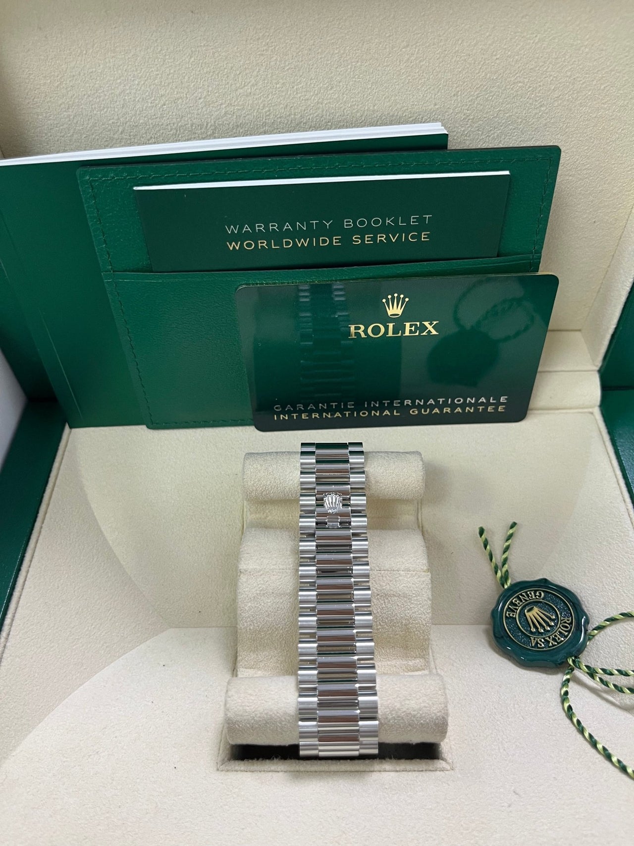 Rolex Day - Date 40 Platinum Day - Date 40 Watch - Fluted Bezel - Ice Blue Roman Dial President Bracelet 228236 - WatchesOff5thWatch