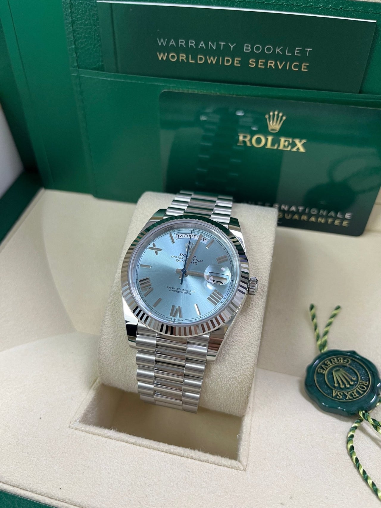 Rolex Day - Date 40 Platinum Day - Date 40 Watch - Fluted Bezel - Ice Blue Roman Dial President Bracelet 228236 - WatchesOff5thWatch